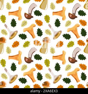 Seamless botanical pattern with forest mushrooms and oak leaves. Vector illustration Stock Vector
