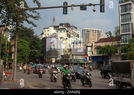 Heavy traffic of scooters and motor bikes on the streets of Hanoi, Vietnam. Stock Photo