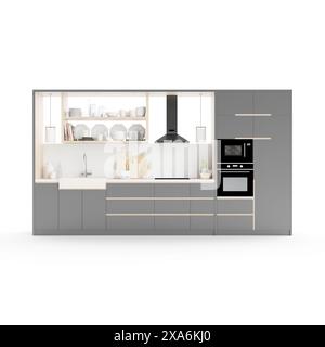 A 3D rendering of a modern kitchen with white countertops and black appliances. Stock Photo