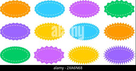 Set or colorful oval shapes with curvy and zigzag borders and stitch lines. Empty price, discount, sale offer, coupon, promo code tags. Speech bubbles, messages or text boxes. Vector flat illustration Stock Vector