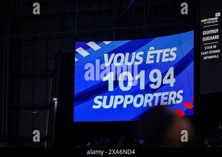 Saint Etienne, France. 04th June, 2024. Tonight's attendance during the Womens European Qualifiers match between France and England at Stade Geoffroy-Guichard in Saint-Etienne, France. (Pauline FIGUET/SPP) Credit: SPP Sport Press Photo. /Alamy Live News Stock Photo