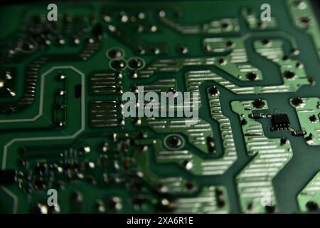 A close-up of a computer motherboard with visible circuitry and components Stock Photo
