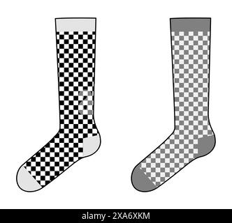 Chessboard Skater socks set. Fashion accessory clothing technical illustration stocking. Vector side view for Men, women, unisex style, flat template CAD mockup sketch outline on white background Stock Vector