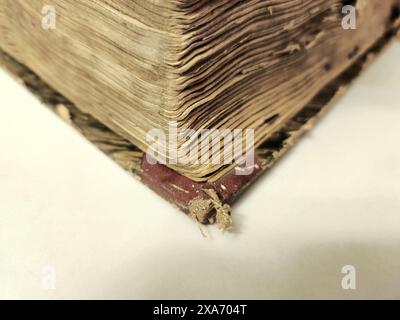 A close-up of an old, worn book's corner, showing aged, frayed pages and a tattered cover. Stock Photo