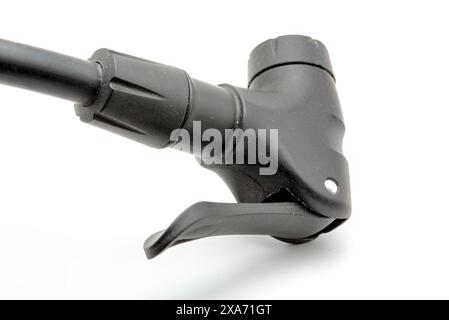 bike pump head close up (nozzle for presta and schrader valves) black isolated on white background (cut out inflation, inflator) tire, tube, cycle, bi Stock Photo