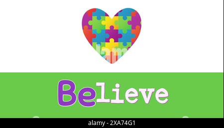 Image of Jigsaw puzzle forming a heart and believe text on green banner against white background Stock Photo