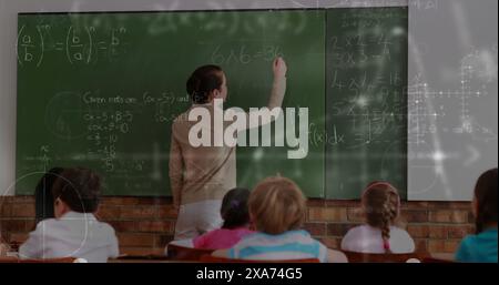 Image of Caucasian female teacher writing on chalkboard in classroom full of students Stock Photo