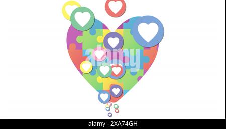 Image of heart icons moving over jigsaw puzzle forming a heart against white background Stock Photo