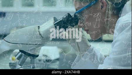 Image of mathematical and scientific formulas over female scientist using microscope Stock Photo