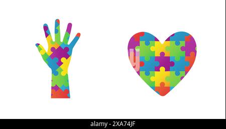Image of jigsaw puzzle forming a heart and hand against white background Stock Photo