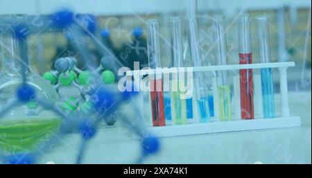 Image of mathematical and scientific formulas over chemistry laboratory Stock Photo