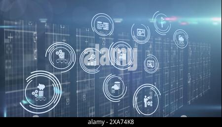 Image of multiple digital icons over light trails and light spots against blue background Stock Photo