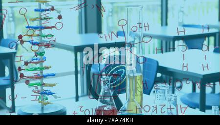Image of chemical structures and formulas against various equipment in laboratory Stock Photo