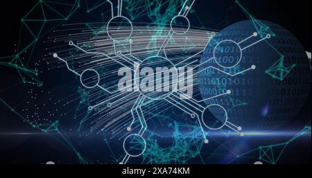 Image of network of connections and binary coding processing on globe Stock Photo