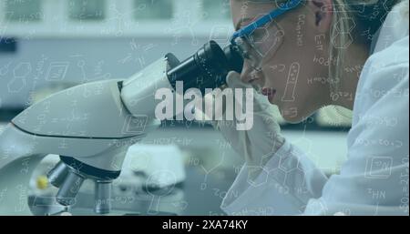 Image of mathematical and scientific formulas over female scientist using microscope Stock Photo