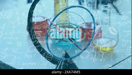 Image of chemical compounds and scientific formulas over atom model in laboratory Stock Photo