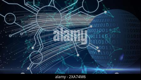 Image of network of connections and binary coding processing on globe Stock Photo