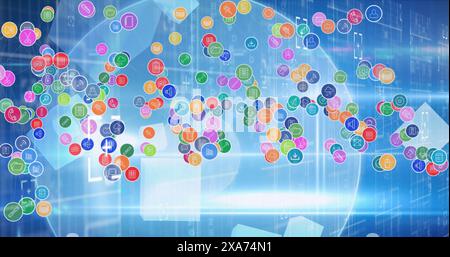 Image of network of multiple digital icons over light trails and spots of light Stock Photo