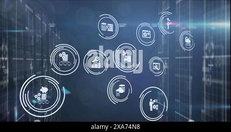 Image of multiple digital icons over light trails and light spots against blue background Stock Photo