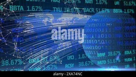 Image of financial data processing and binary coding processing on globe Stock Photo