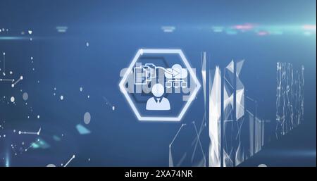 Image of multiple digital icons over screens of network of connections against blue background Stock Photo