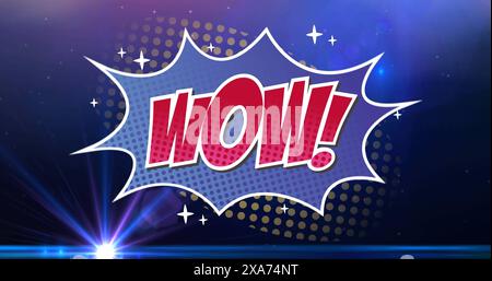 Image of wow text in red letters over speech bubble and glowing blue background Stock Photo