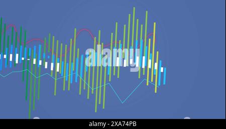 Image of a financial graph with red and blue lines processing over a black background Stock Photo