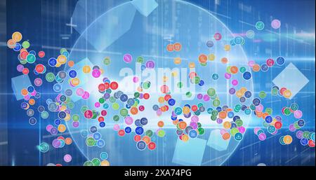 Image of network of multiple digital icons over light trails and spots of light Stock Photo