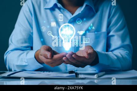 Businessman using cloud technology connect business data. Cloud computing concept idea show on hand. Internet Cloud technology. Digital Data storage. Stock Photo