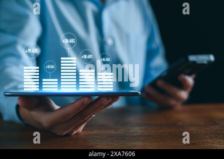 Fund management concept. Businessman using modern digital technology to manage mutual funds for more profits, fund trading, port management, stock tra Stock Photo