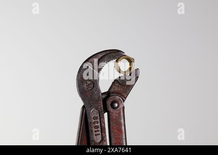 Vintage pipe wrench with rust and metal handles on white background Stock Photo