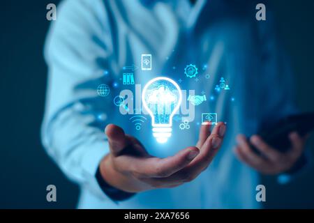 Businessman using cloud technology connect business data. Cloud computing concept idea show on hand. Internet Cloud technology. Digital Data storage. Stock Photo