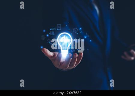 Businessman using cloud technology connect business data. Cloud computing concept idea show on hand. Internet Cloud technology. Digital Data storage. Stock Photo