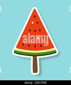 A triangular slice of watermelon on a stick on a blue background. Flat vector illustrations in cartoon style. Stock Vector