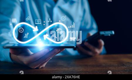 Technology infinity data link concept, Businessman Hands holding virtual infinity with technology marketing online icon for symbol of connection to co Stock Photo