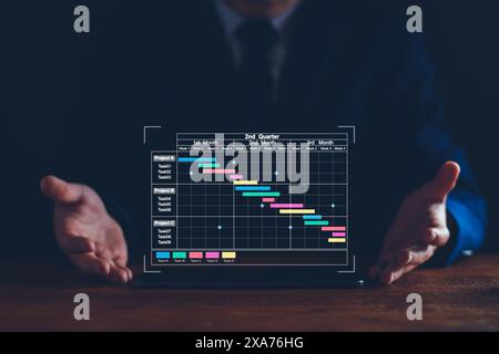 Project manager working on tablet. updating tasks and milestones progress planning with Gantt chart scheduling interface for company on virtual screen Stock Photo