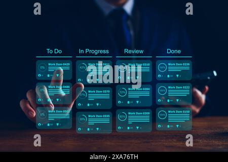 Agile software development or project management using kanban or scrum methodology boards on screen. Process, workflow, visual organisation tools and Stock Photo