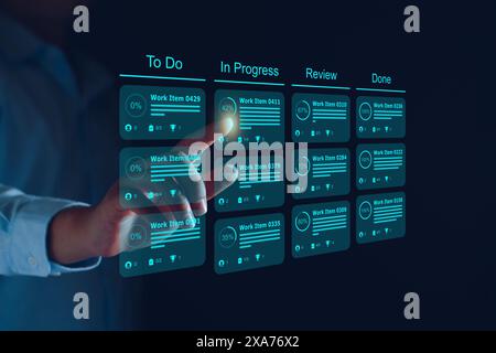 Agile software development or project management using kanban or scrum methodology boards on screen. Process, workflow, visual organisation tools and Stock Photo