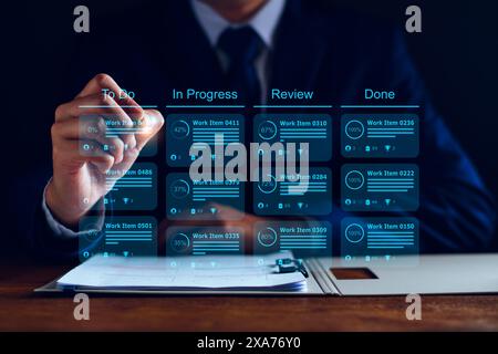 Agile software development or project management using kanban or scrum methodology boards on screen. Process, workflow, visual organisation tools and Stock Photo