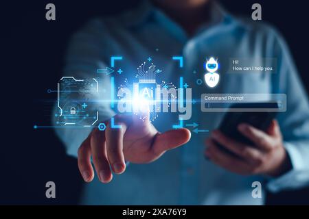 Ai for business concept. Artificial Intelligence, AI. businessman using technology smart robot AI, enter command prompt, robot assistant for business Stock Photo