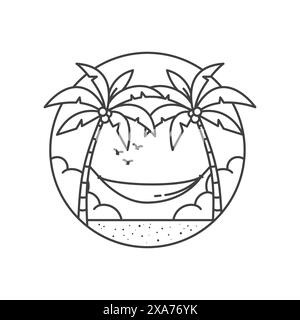 Line art design of hammock and two palm trees, simple outline design summer concept Stock Vector
