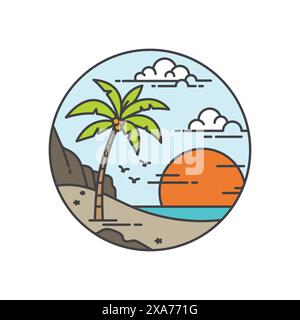 Tropical island flat design with outline. summer concept with palm trees and sunset isolated white background Stock Vector