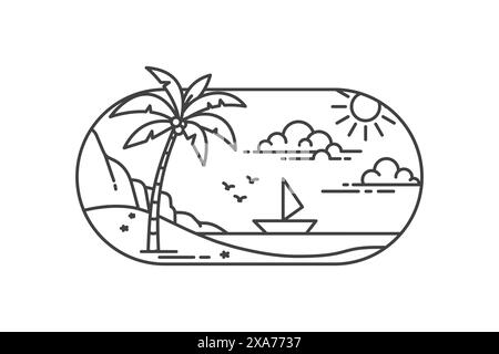 Line art design illustration of summer on a tropical island with a calm and peaceful atmosphere Stock Vector