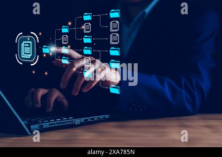 Document management system, DMS and business process system automation technology. Finger touching document icon on virtual screen. File storage data Stock Photo