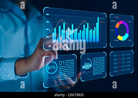 Data analyst working on business analytics dashboard with charts, metrics and KPI to analyze performance and create insight reports and strategic deci Stock Photo