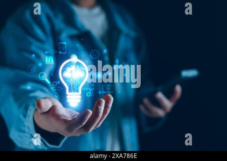 Businessman using cloud technology connect business data. Cloud computing concept idea show on hand. Internet Cloud technology. Digital Data storage. Stock Photo