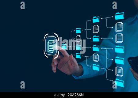 Document management system, DMS and business process system automation technology. Finger touching document icon on virtual screen. File storage data Stock Photo