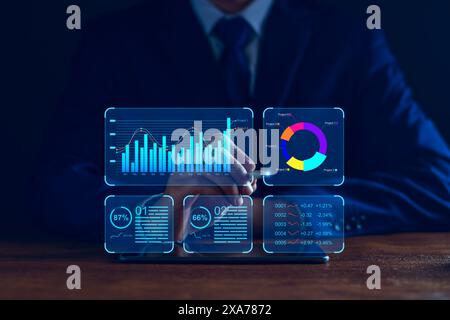 Data analyst working on business analytics dashboard with charts, metrics and KPI to analyze performance and create insight reports and strategic deci Stock Photo