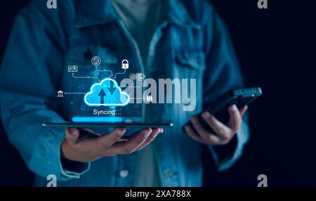 Cloud computing diagram show on virtual screen. Cloud syncing technology. Data storage. Network internet service concept, Big Data, upload, download, Stock Photo