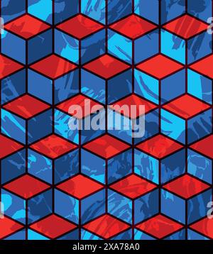 Beautiful modern red and blue cube grid with water color effect seamless pattern Stock Vector